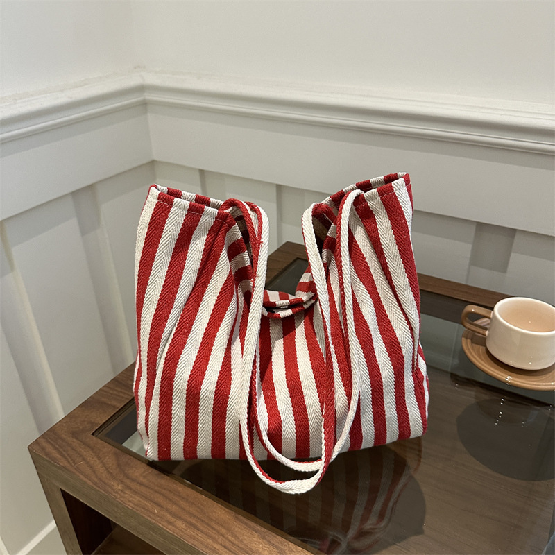 korean style retro literary handbag simple and fresh striped shoulder bag casual fashion large capacity commuter bag