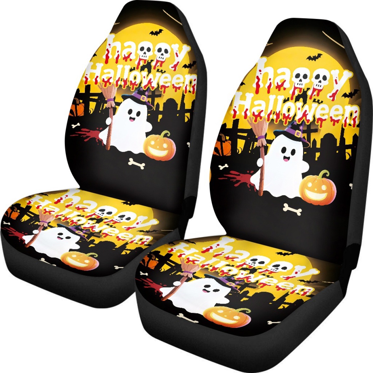 Cross-border Halloween-themed printed seat covers, featuring ghost and pumpkin designs, available for custom orders. Includes a set of two car seat protectors