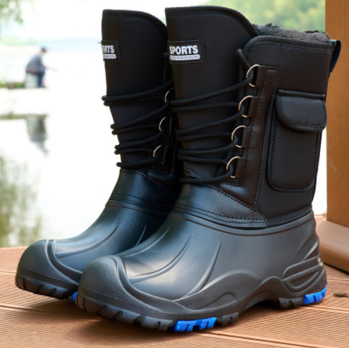 Cotton-lined warm snow boots for men, winter steel spike anti-slip, thick waterproof fishing shoes