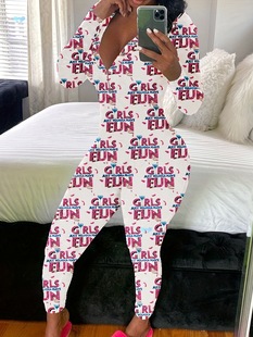 Women's Casual Letter Print Lounge Jumpsuit Long Sleeve V-Neck