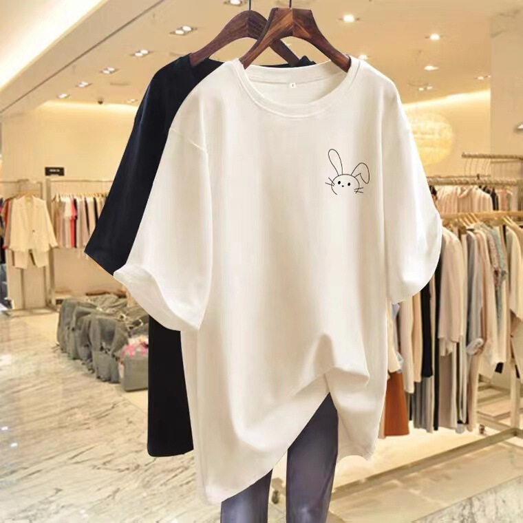 Large Version of Long Pure Cotton Round Neck Texture Rice Apricot Short-Sleeved T-Shirt for Women 2024 Summer New European Half-Sleeved T-Shirt Ins