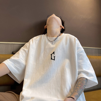 Marca de moda Otoño hombres de manga corta Camiseta de algodón de los hombres cuello redondo más tamaño de grasa suelta de manga corta azul oscuro 5 image 16