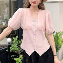 夏季法式淑女薄款网纱拼接泡泡袖短款针织开衫修身显瘦短袖外套