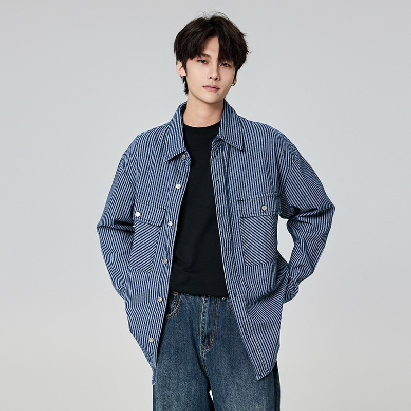 Hong Kong Counter Sense Striped Jacquard Fashion Brand Denim Shirt Men's Autumn Loose American Style Work Jacket for Men