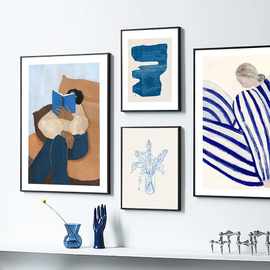 蓝色条纹女孩读书北欧海报厂家批发来图打印油画布跨境电商SHEIN