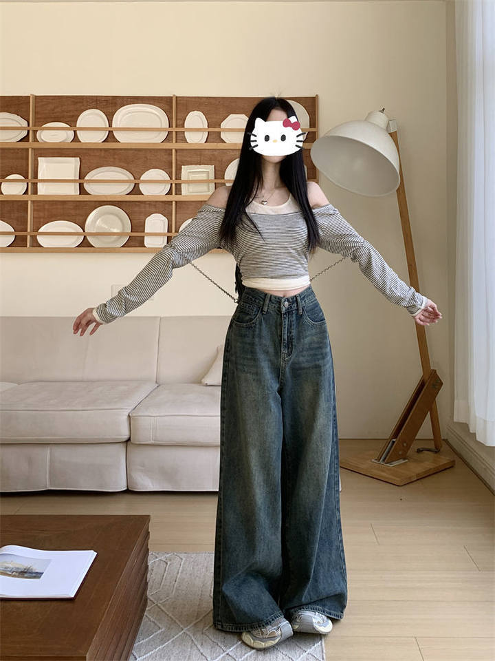 Quần jean nữ ống rộng cạp cao dáng suông dài chạm gót — Màu xanh cổ điển (bán trực tiếp tại nhà máy) chi tiết 9