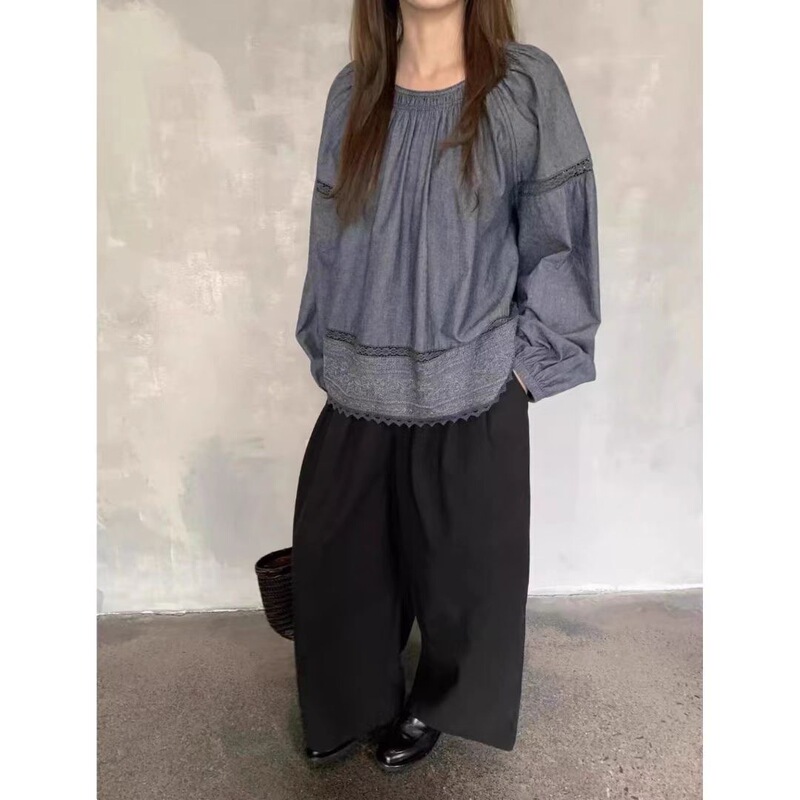 French Romantic, Comfortable, Skin-Friendly, Breathable Pleated Lace Shirt, Women's Top, Lantern Sleeves, Relaxed