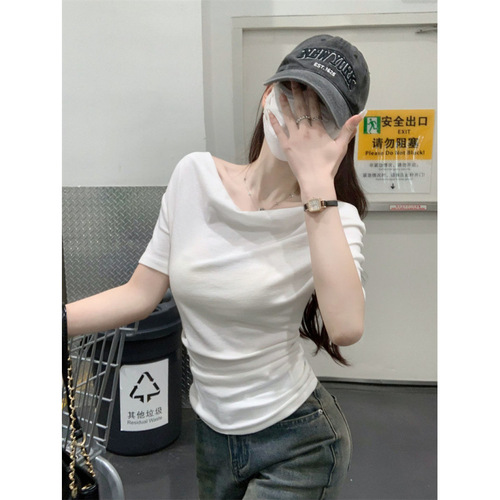 Korean Pure Desire Style Pile Collar Pleated Short Sleeve Top for Women - Summer One-Shoulder Fitted Versatile Top