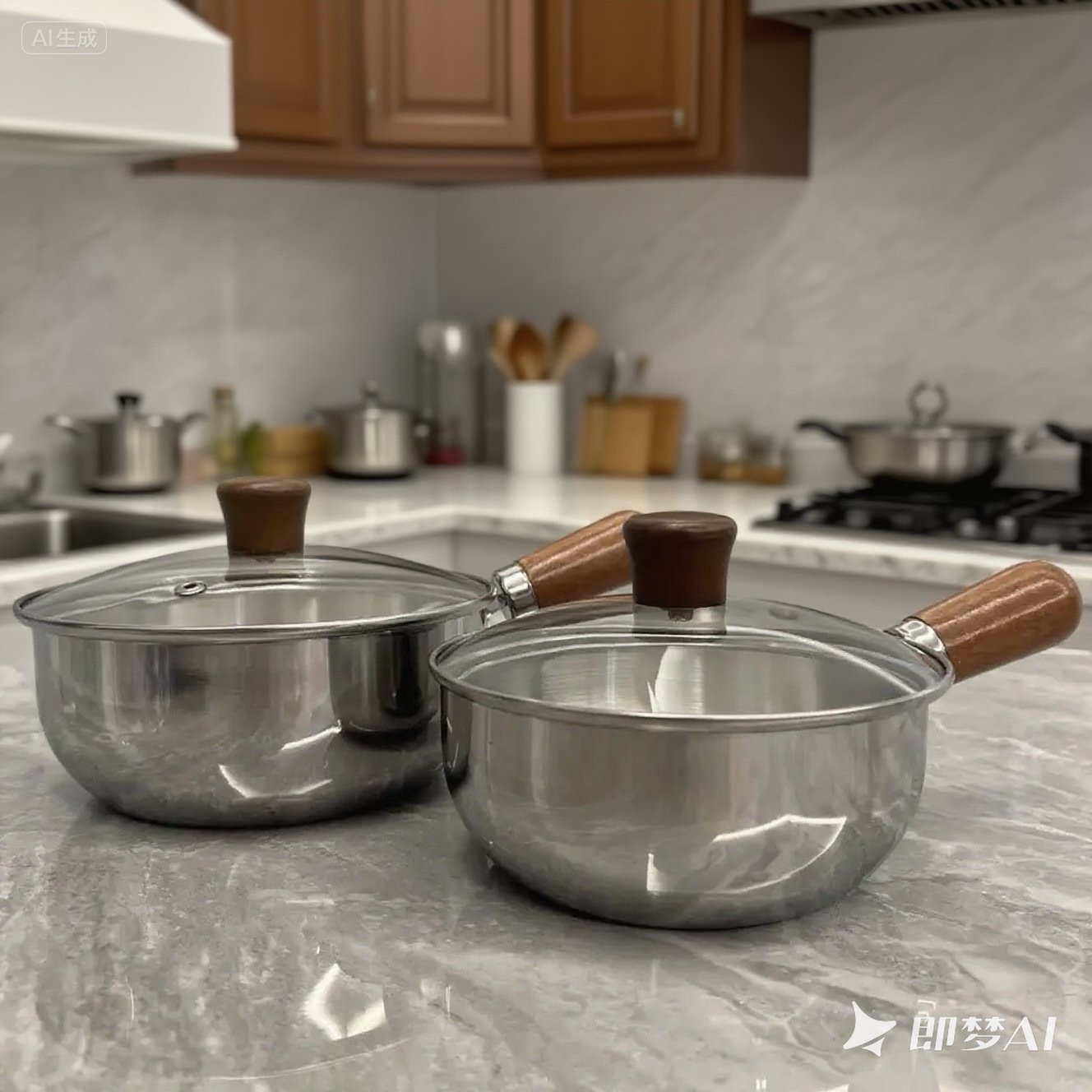 Extra Thick Three-Layer Steel 304 Stainless Steel Small Milk Pot with Walnut Wood Single Handle, Chubby Pot for Baby Food, Noodle Cooking Pot