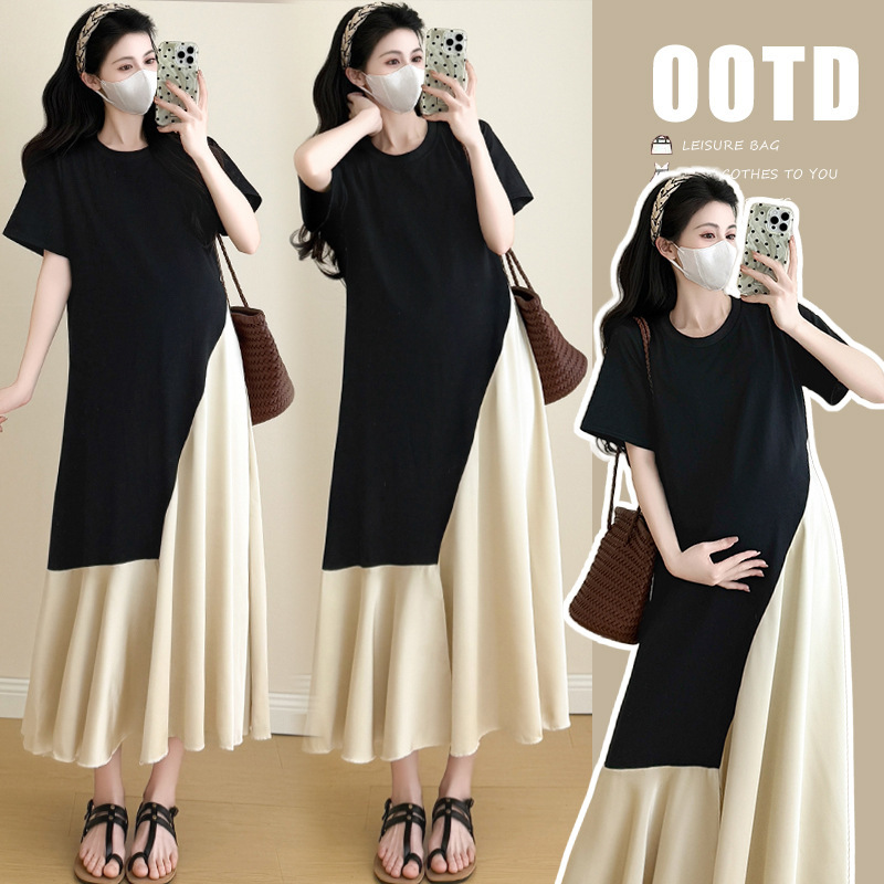 ~2026 New Style Maternity Dress with French-Style Pearlescent Satin Splicing, Loose Casual Slimming Maternity Dress