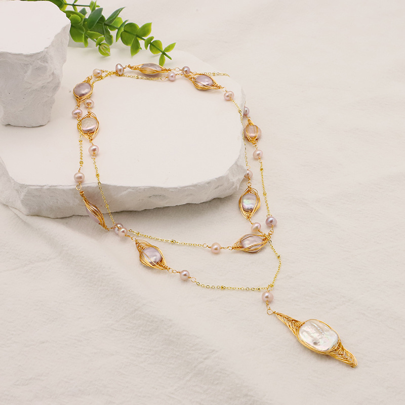 ¡Alta calidad! Cadena de suéter de perlas naturales de alto grado collar de cuello largo elegante de todas las mujeres 18K galvanoplastia de oro real