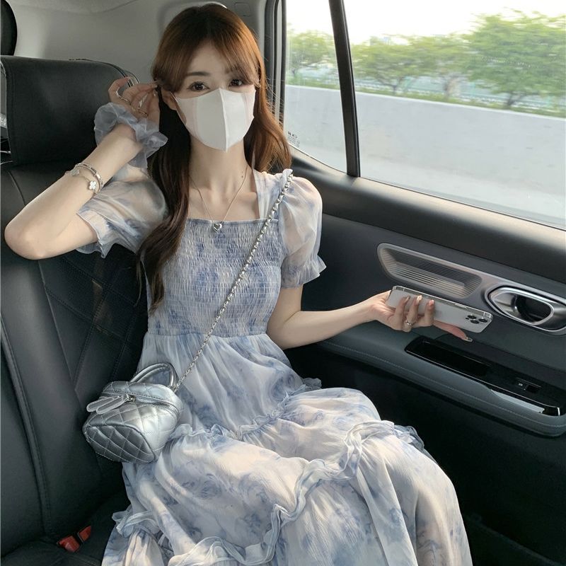 French Style Tea Break Bubble Sleeve Floral dress Women's Summer Sweet Elegant High-end Slim-fit A- line Long Dress