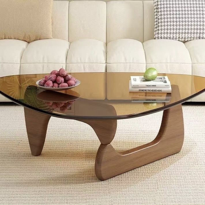 Brown glass + walnut wooden legs, large size 114*82*40cm