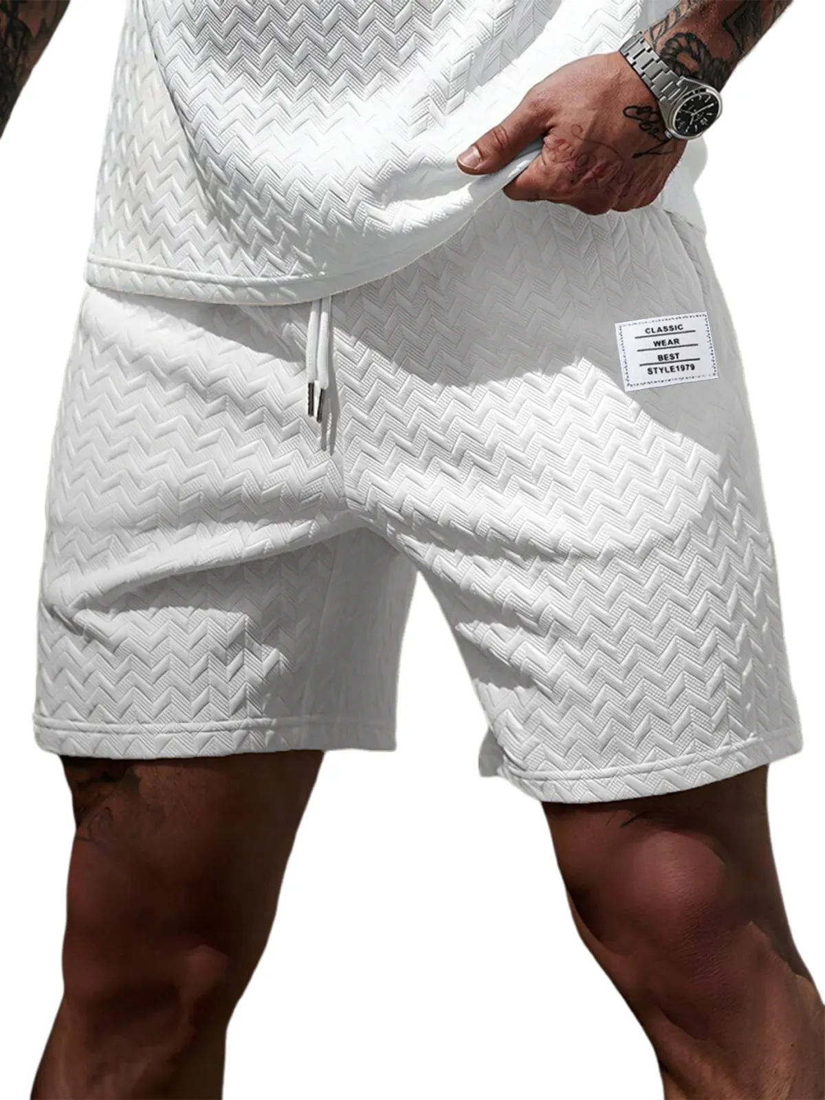 Short d'été décontracté pour homme, coupe ample, couleur unie, tissu jacquard, cordon de serrage, style plage, pour occasions formelles et décontractées._voghion.com