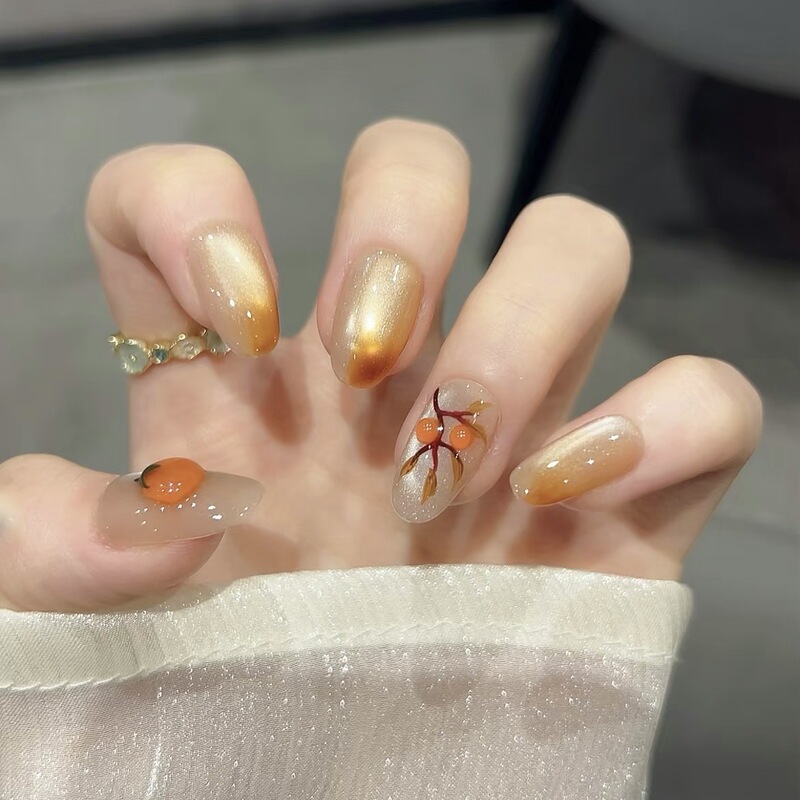 Autumn New Style Persimmon Pearlescent Cat Eye 3D Stereo Wearable Nail Ins Almond Type Manicure Patch 30 Pieces Gradient