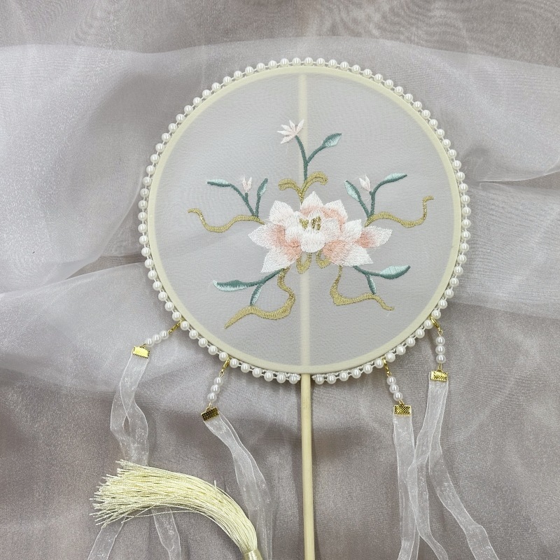 真珠手作り扇子、刺繍扇子、古風丸型扇子、民族風刺繍扇子、古典舞踊扇子|undefined