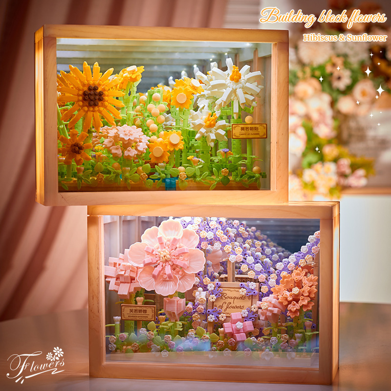 積み木の花がバラのオルゴールを飾っています。|undefined