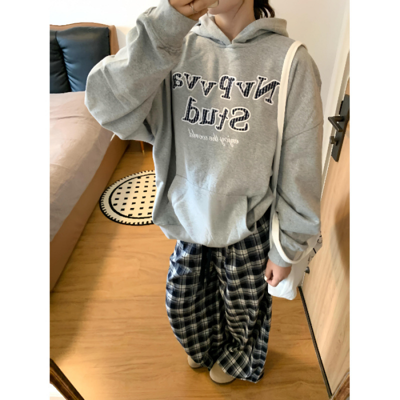 字母美式复古蓝格纹贴布绣连帽卫衣女秋冬宽松休闲韩系百搭上衣女|undefined