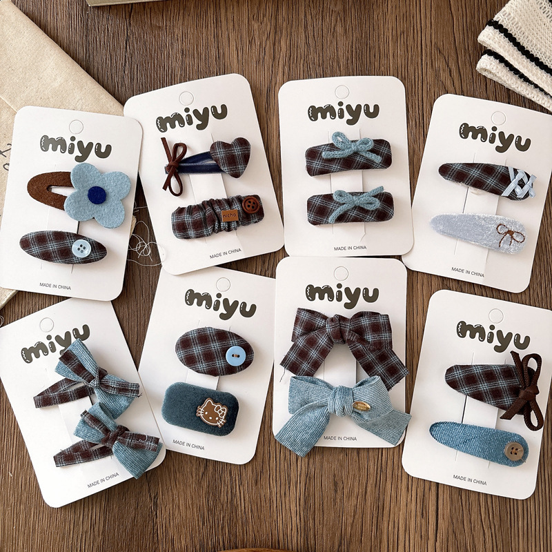 New Autumn and Winter Korean Style Sweet Blue Plaid Bow Hairpin Bangs Bb Clip Girls Retro Hairpin Hair Accessories