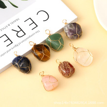 跨境热销天然紫水晶白水晶手工保色铜丝绕线原石吊坠滚石缠绕项链