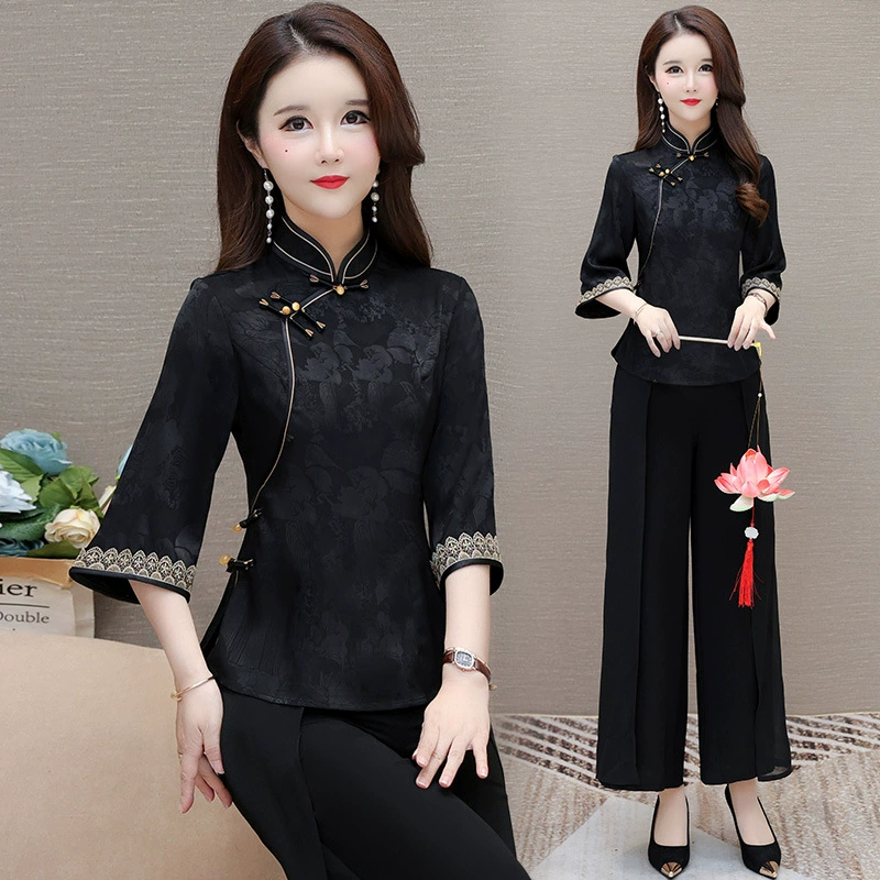 Фактический снимок весны и лета 2025 года, новый стиль, перевернутые большие рукава в китайском стиле, удобный улучшенный топ-чонсам с китайской жаккардовой вышивкой для женщин