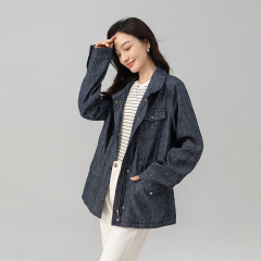 鑫阁亚麻砂洗牛仔外套女2025秋季新款内里抽绳宽松显瘦老钱风上衣