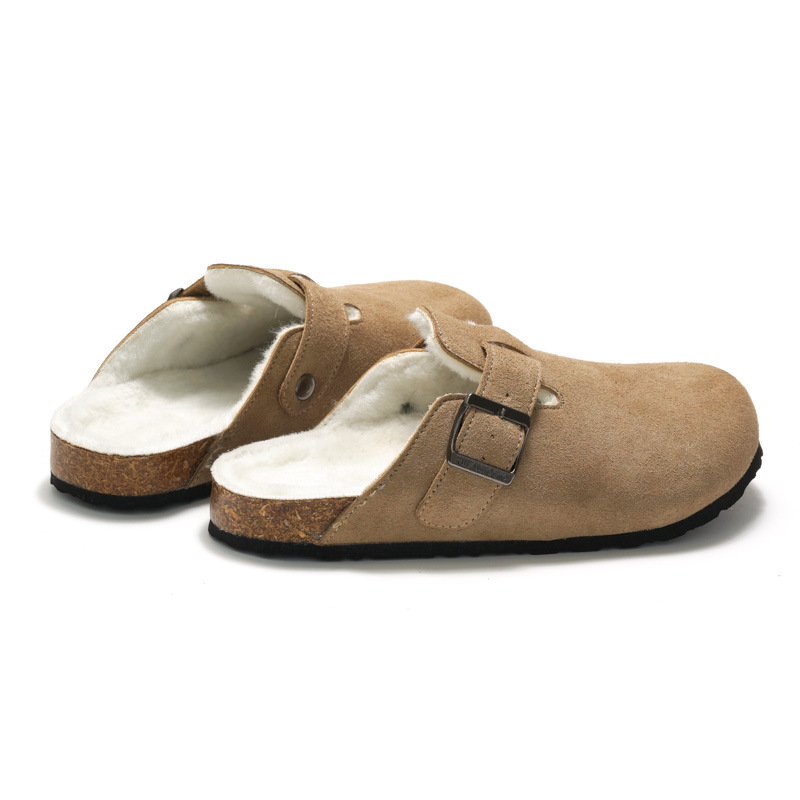 RUIZUSTOCK Winter Men's Closed-Toe Cork Slippers With Fleece, Women's Cotton Shoes, Warm Sandals, Suede Outdoor Wear_voghion.com
