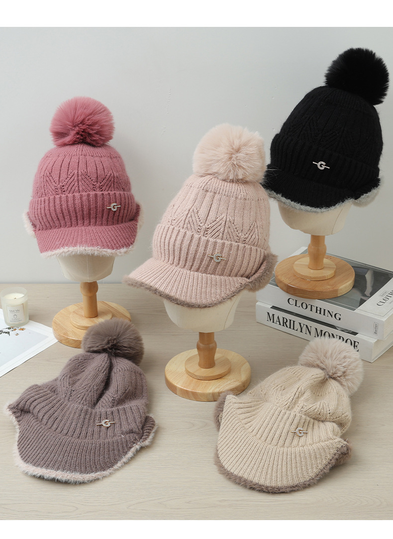 Autunno Inverno Nuovo G Label Bicolore Paraorecchie sfilacciato Esterno Foderato in pile Ispessito Antifreddo Caldo Viso-snellente Lavorato a maglia_voghion.com