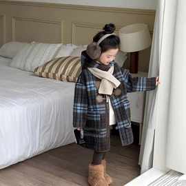 女童加绒呢子大衣秋冬2025新款儿童格子上衣韩版女孩连帽外套洋气