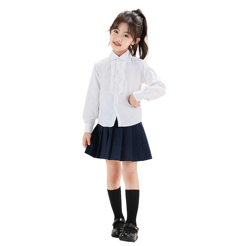 Niñas camisas de cinturón de 2 piezas set de encaje de pecho para niños camisa blanca de estilo universitario camisa de primavera y otoño