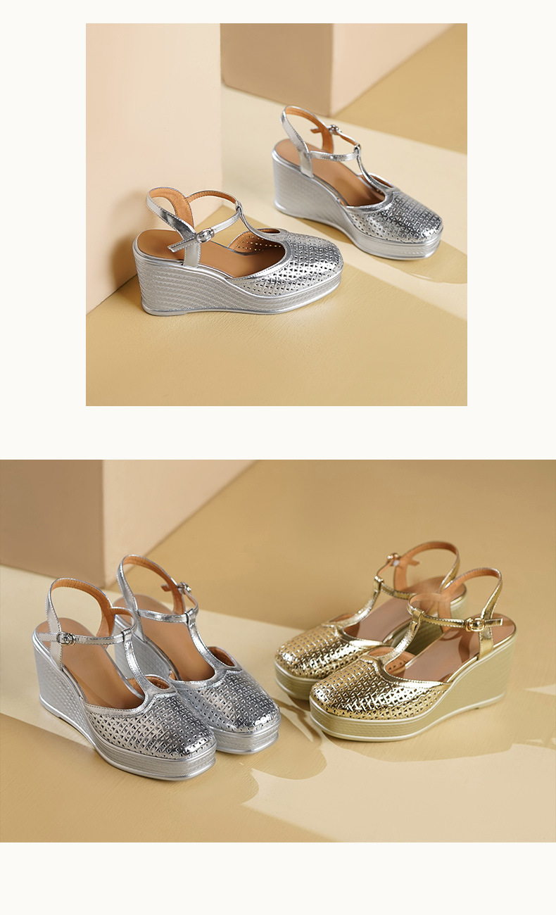Sandal nữ cao gót mũi hở quai chữ T da thật đế xuồng 9 cm — màu vàng, bạc chi tiết 6