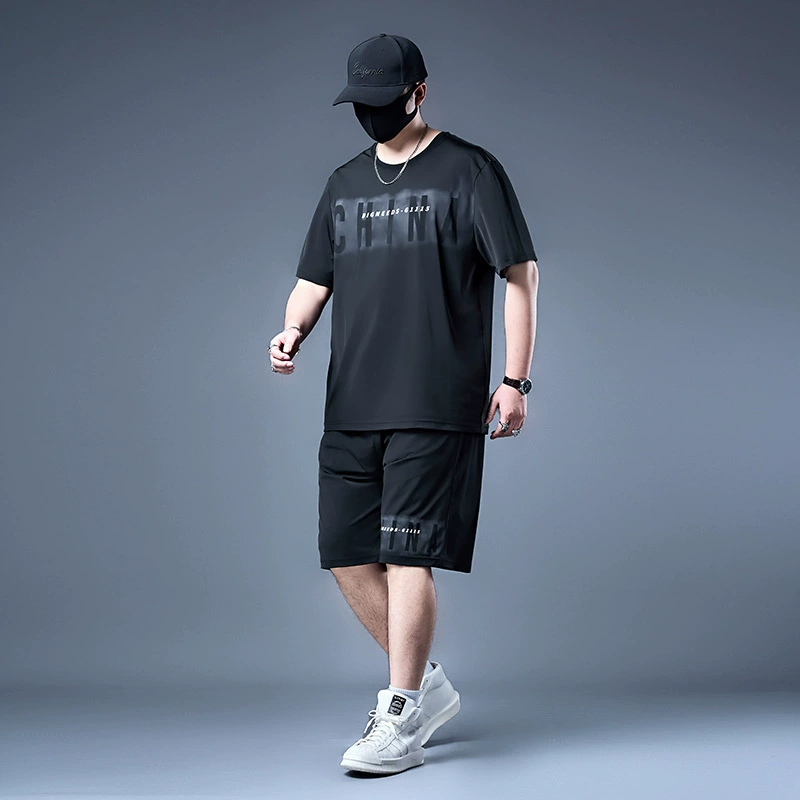 «73729-Pure-Black-1117 Bingshi Short T-black 1118 Pants Set Summer Set Trends Large-size Men's»