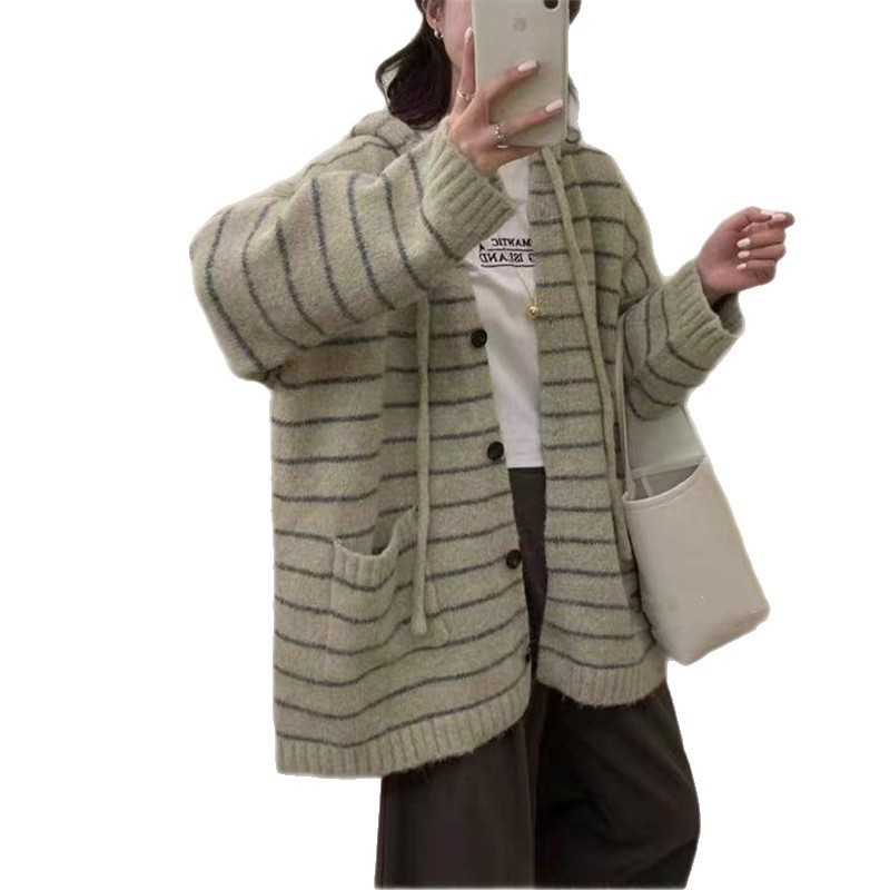 韩系宽松慵懒风条纹休闲毛衣外套女秋冬新款复古百搭连帽针织开衫|undefined