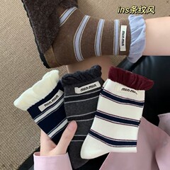 秋日韩版条纹撞色花苞双罗口潮流布标甜美百搭学院风中筒堆堆袜女