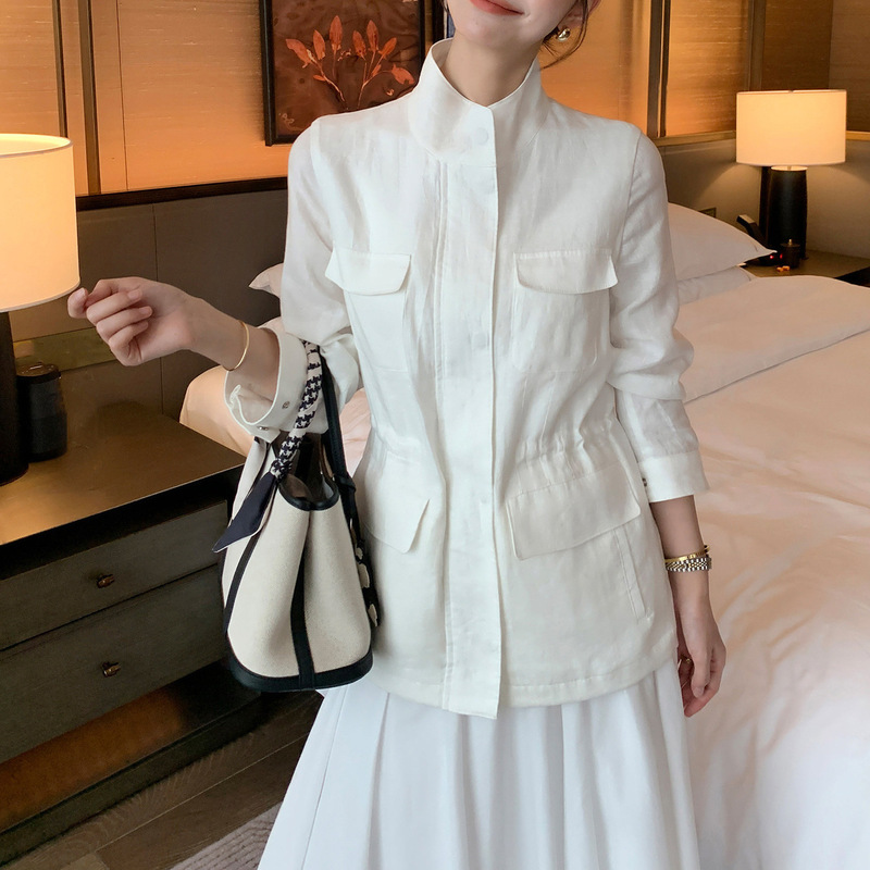 In-Stock Old Money Style Linen Work Jacket for Women with Four-Dimensional Pockets In-Stock Old Money Style Linen Work Jacket for Women with Four-Dimensional Pockets