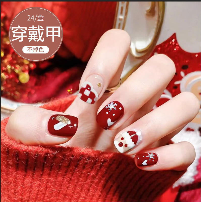 D269 New wear nail beauty nail piece wholesale Christmas chess plate grid removable nail patch waterproof short women