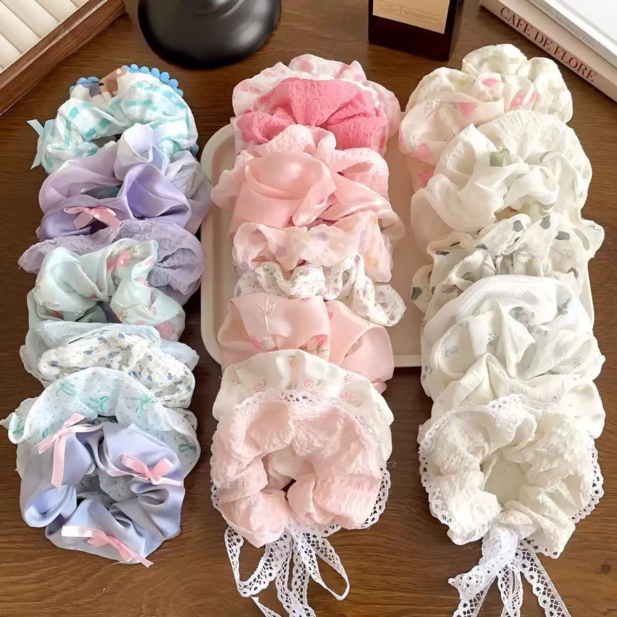 작은 꽃무늬 레이스 머리끈, 한국식 뚱이머리끈, 리본, 머리끈, 고무줄, 노점머리장식