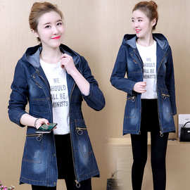 实拍现货2025大码胖MM女装韩版连帽中长款字母印花牛仔外套风衣女