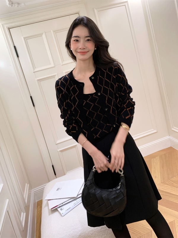 港米 特种纱镂空提花羊毛针织衫套装女秋冬开衫背心两件套上衣|undefined