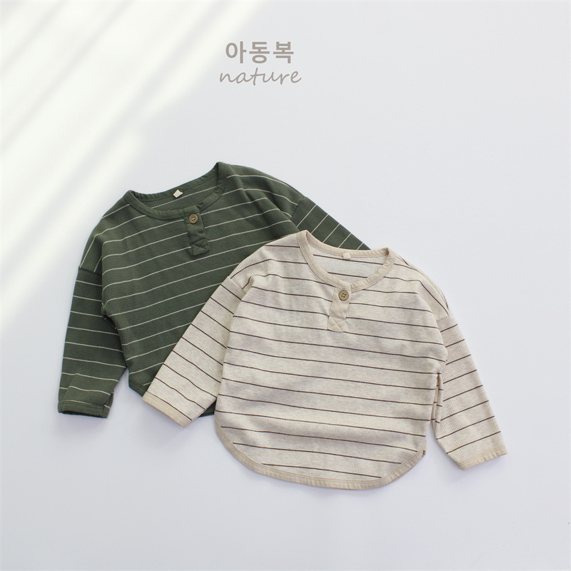 Camiseta de primavera para niños Camiseta de cuello redondo con botón abierto de estilo coreano