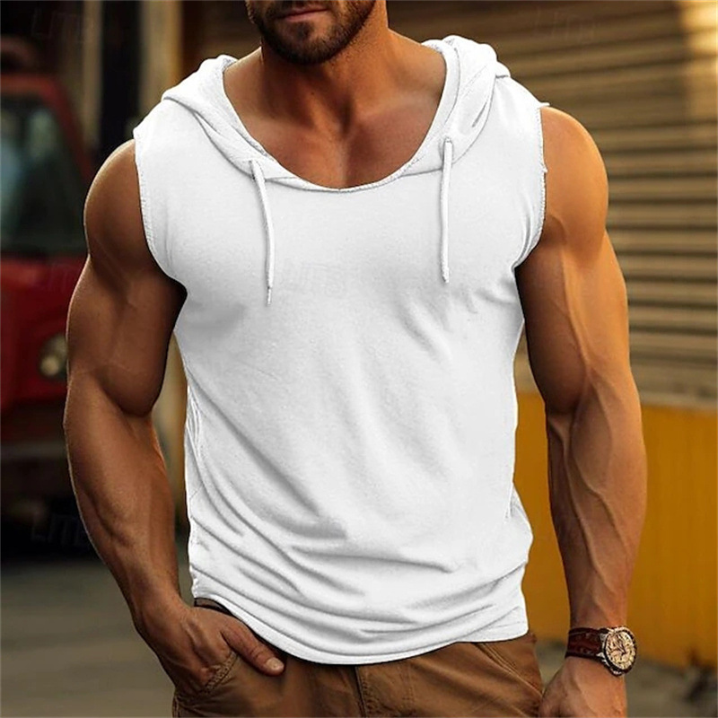 2024 New AliExpress Amazon ebay Men's Sleeveless Fitness Sports Drawstring Solid Color Hooded Vest Top