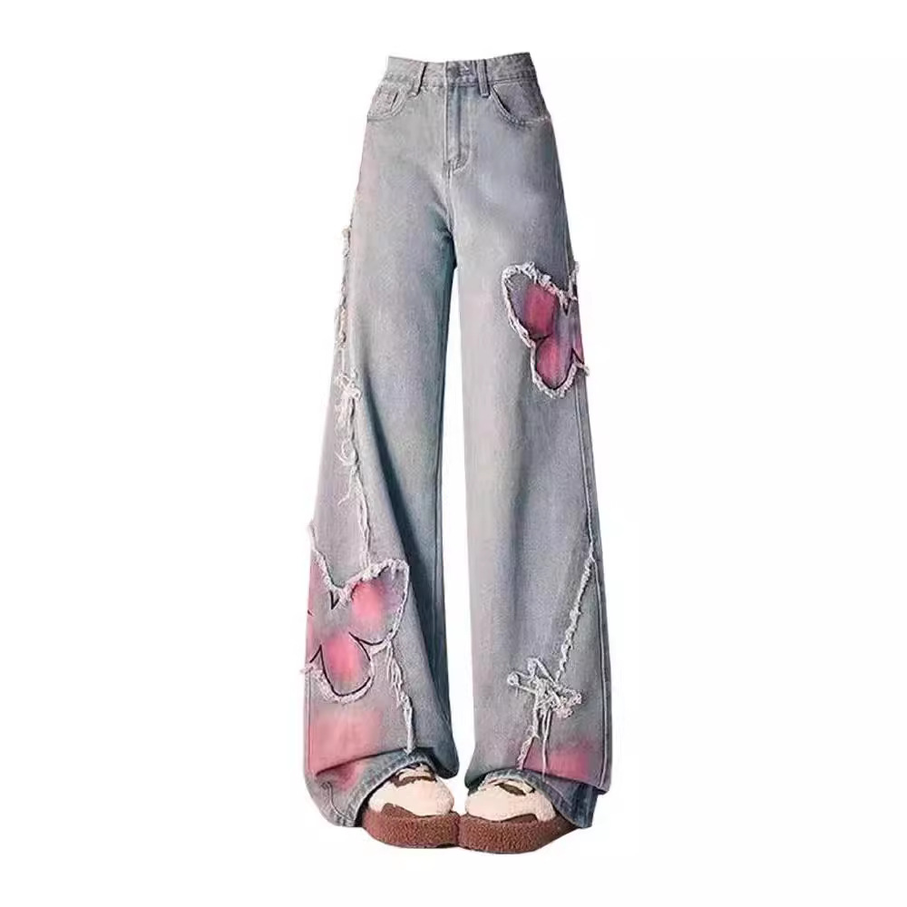 ZTHP American Tie-Dye Butterfly Embroidered Burr-Edge Jeans Women's High Street Design Hot Girl Loose Straight Wide-Leg Pants