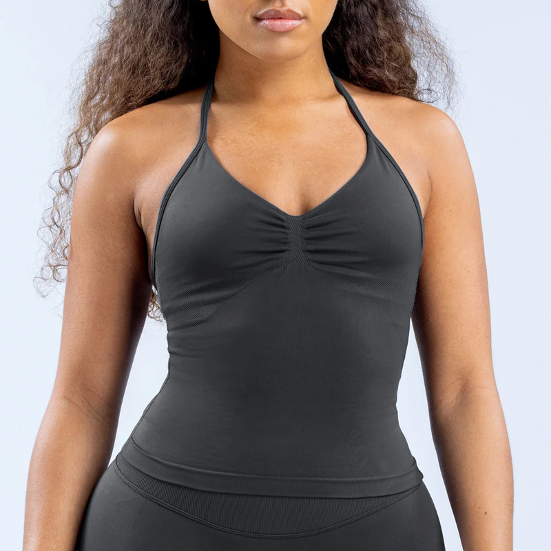 DF estilo europeo con matte nylon chaleco deportivo de yoga de mujer cuello colgante belleza detrás de la camisa de ejercicio para correr