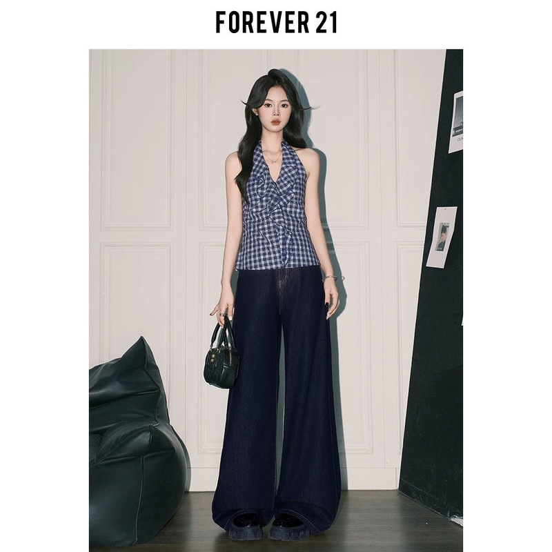 Forever 21 Summer Retro Dark Blue High-Waisted Wide-Leg Jeans for Women American-Style Loose Pear-Shaped Straight Long Pants