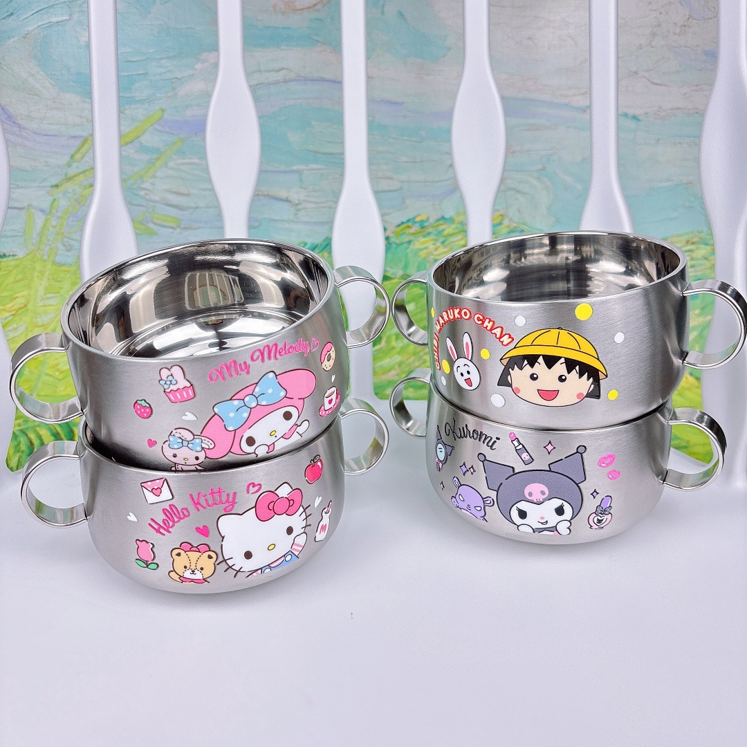 Cute Little Ball Double-Eared Kidsren's Bowl Double-Layer Thickeneded Anti-Fall and Anti-Scalding Baby Food Bowl 316 Stainless Steel Rice Bowl
