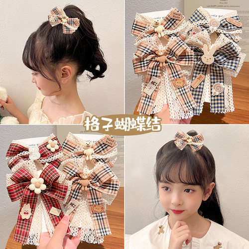 New product pre-sale Korean style children's milk hairpin little girl sweet plaid bow hairpin headdress lace