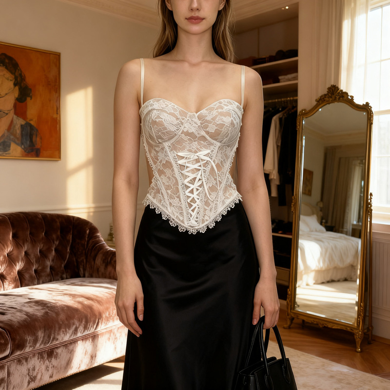 American-style pure-desire sweet and spicy girl look tank top with chest pads, fishbone waist cinching, slimming lace mesh fitted inner top American-style pure-desire sweet and spicy girl look tank top with chest pads, fishbone waist cinching, slimming lace mesh fitted inner top