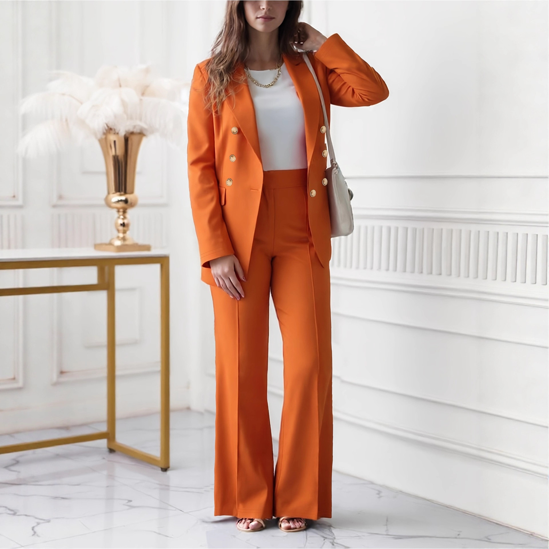 Dameskleding: effen blazer met knoopsluiting, hoge taille, flatterende broek, formele pakset_voghion.com
