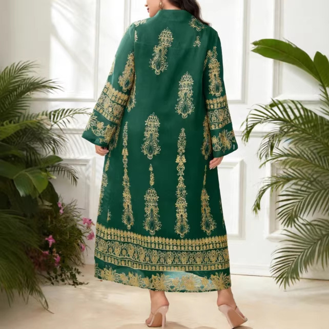 Exclusive Cross-border Supply Of Middle Eastern Embroidered Robes, Plus-size Women's Green V-neck Bell-sleeve Loose_ecoleips.com