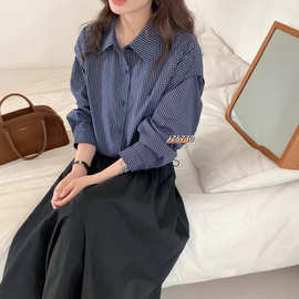简梦小格子衬衫 2026春季新款 拼接长袖上衣女刺绣翻领衬衣5730